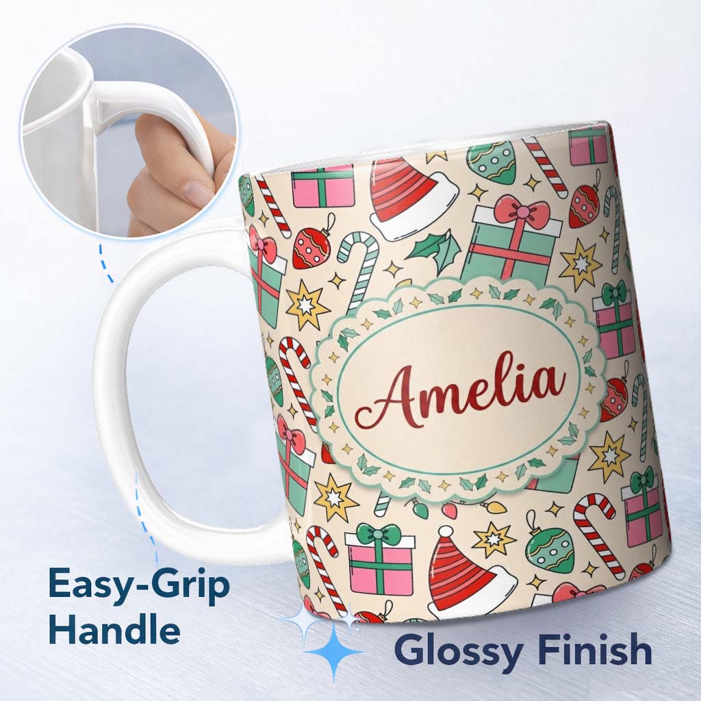 Personalized Custom Name Cute Gift Box Candy Cane Hat Ornament Seamless Pattern Christmas 11oz Ceramic Coffee Tea Mug White Large Handle