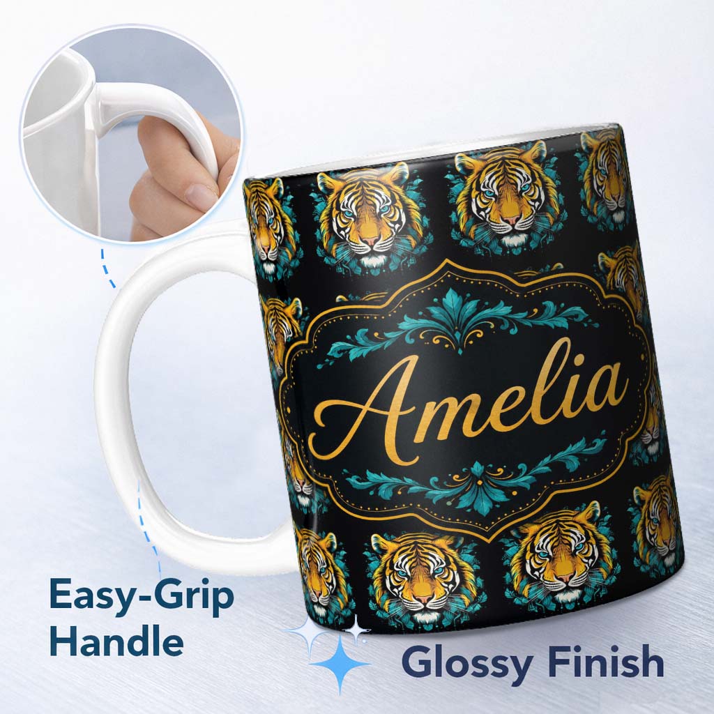 Personalized Custom Name Vibrant Tiger Head Illustration Repeat Seamless Pattern Lovely 11oz Ceramic Coffee Tea Mug White Large Handle