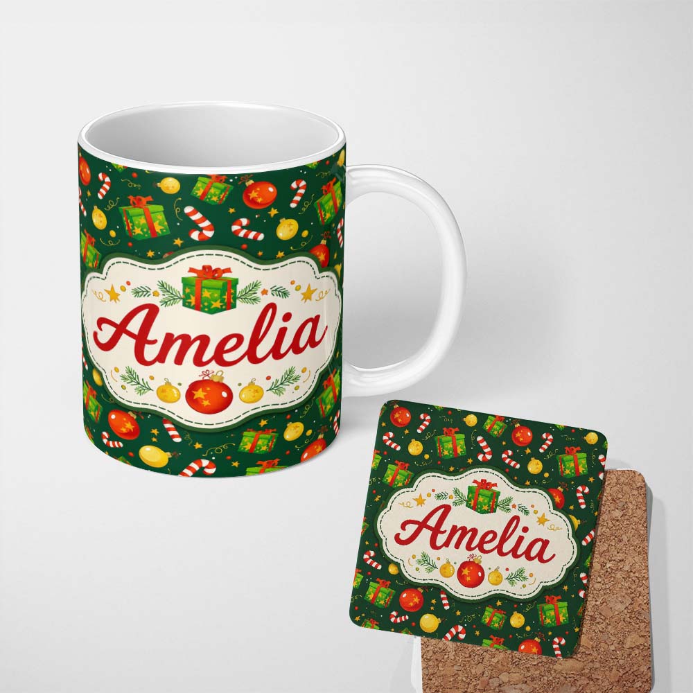 Personalized Custom Name Christmas Gift Box Candy Cane Ornament Seamless Pattern Lovely 11oz Ceramic Coffee Tea Mug White Large Handle