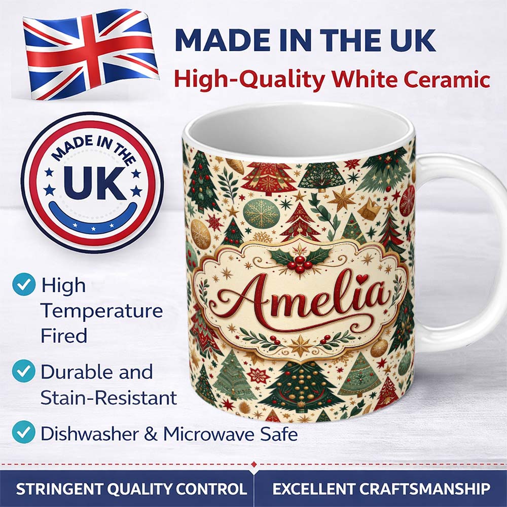 Personalized Custom Name Decorative Christmas Tree Ornament Star Holiday Seamless Pattern 11oz Ceramic Coffee Tea Mug White Large Handle