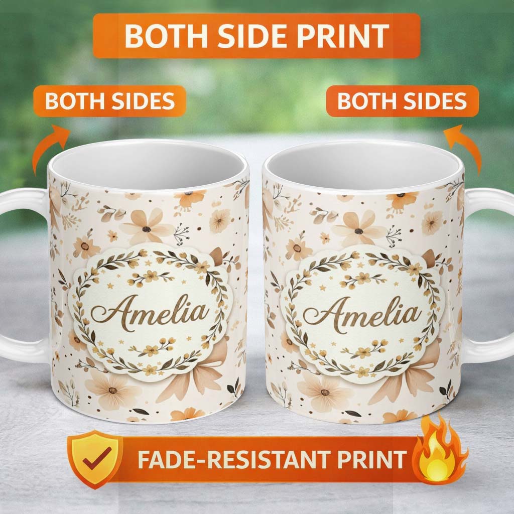 Personalized Custom Name Elegant Neutral Floral Bows with Soft Botanical Elements Seamless 11oz Ceramic Coffee Tea Mug White Large Handle