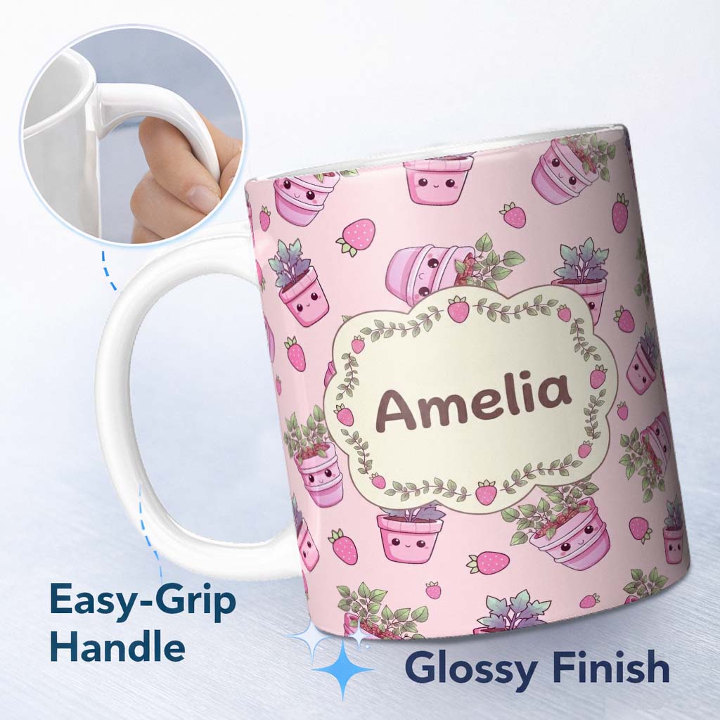 Personalized Custom Name Cute Pink Plant Pots Leaves Strawberry Seamless Pattern Blush Lovely 11oz Ceramic Coffee Tea Mug White Large Handle