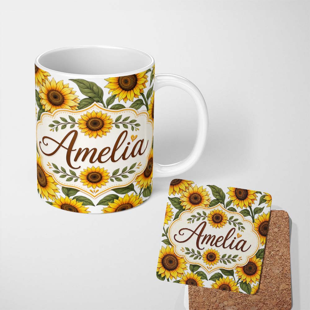 Personalized Custom Name Bright Yellow Sunflower White Background Seamless Pattern Custom 11oz Ceramic Coffee Tea Mug White Large Handle