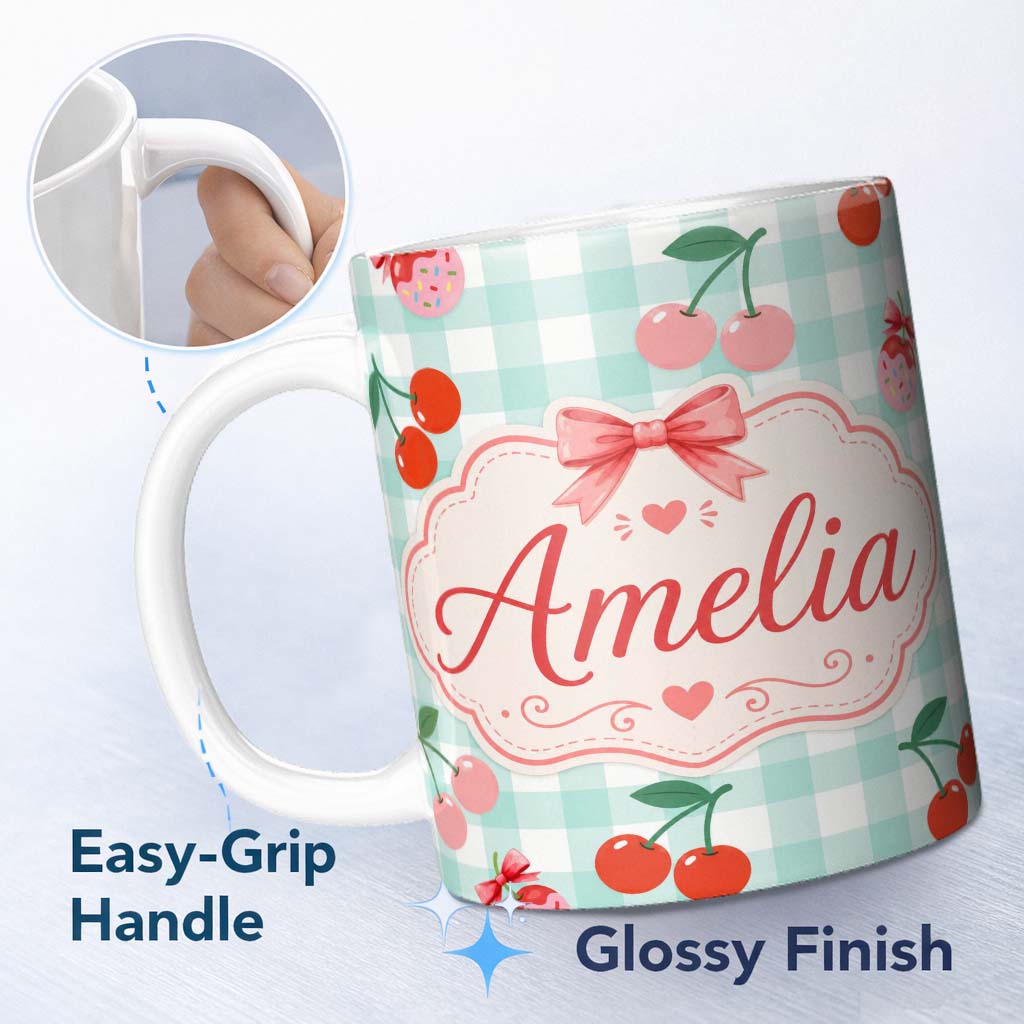 Personalized Custom Name Cute Cherry Fruit with Bow and Sprinkles Pattern Mint Gingham Check 11oz Ceramic Coffee Tea Mug White Large Handle