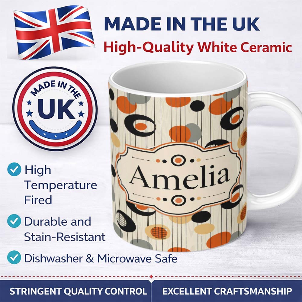 Personalized Custom Name Abstract Black Orange Mid Century Atomic Shapes Seamless Pattern 11oz Ceramic Coffee Tea Mug White Large Handle
