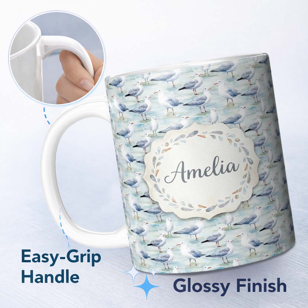Personalized Custom Name Soft Watercolor Seagulls Standing on Shore Seamless Pattern Lovely 11oz Ceramic Coffee Tea Mug White Large Handle
