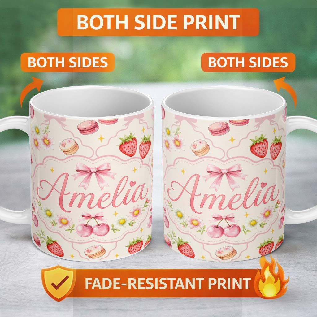 Personalized Custom Name Cute Strawberry Cherry Daisy Floral Bow Sweet Dessert Pale Neutral 11oz Ceramic Coffee Tea Mug White Large Handle