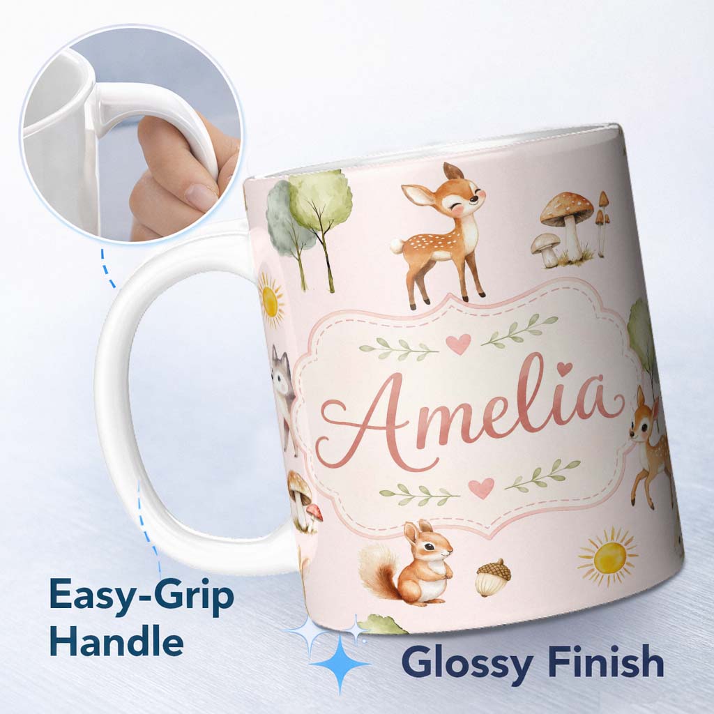 Personalized Custom Name Woodland Deer Fox Squirrel with Trees Mushrooms Soft Pink Seamless 11oz Ceramic Coffee Tea Mug White Large Handle