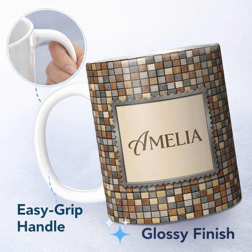 Personalized Custom Name Wood Tile Square Natural Texture Seamless Pattern Cute Unique Gift 11oz Ceramic Coffee Tea Mug White Large Handle