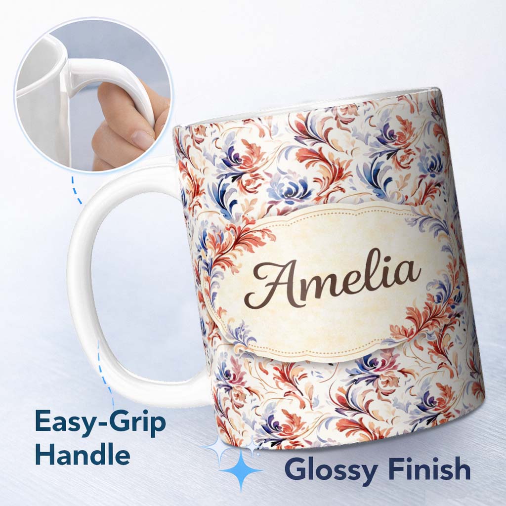 Personalized Custom Name Soft Red Blue Floral Seamless Pattern Vintage Botanical Ornamental 11oz Ceramic Coffee Tea Mug White Large Handle