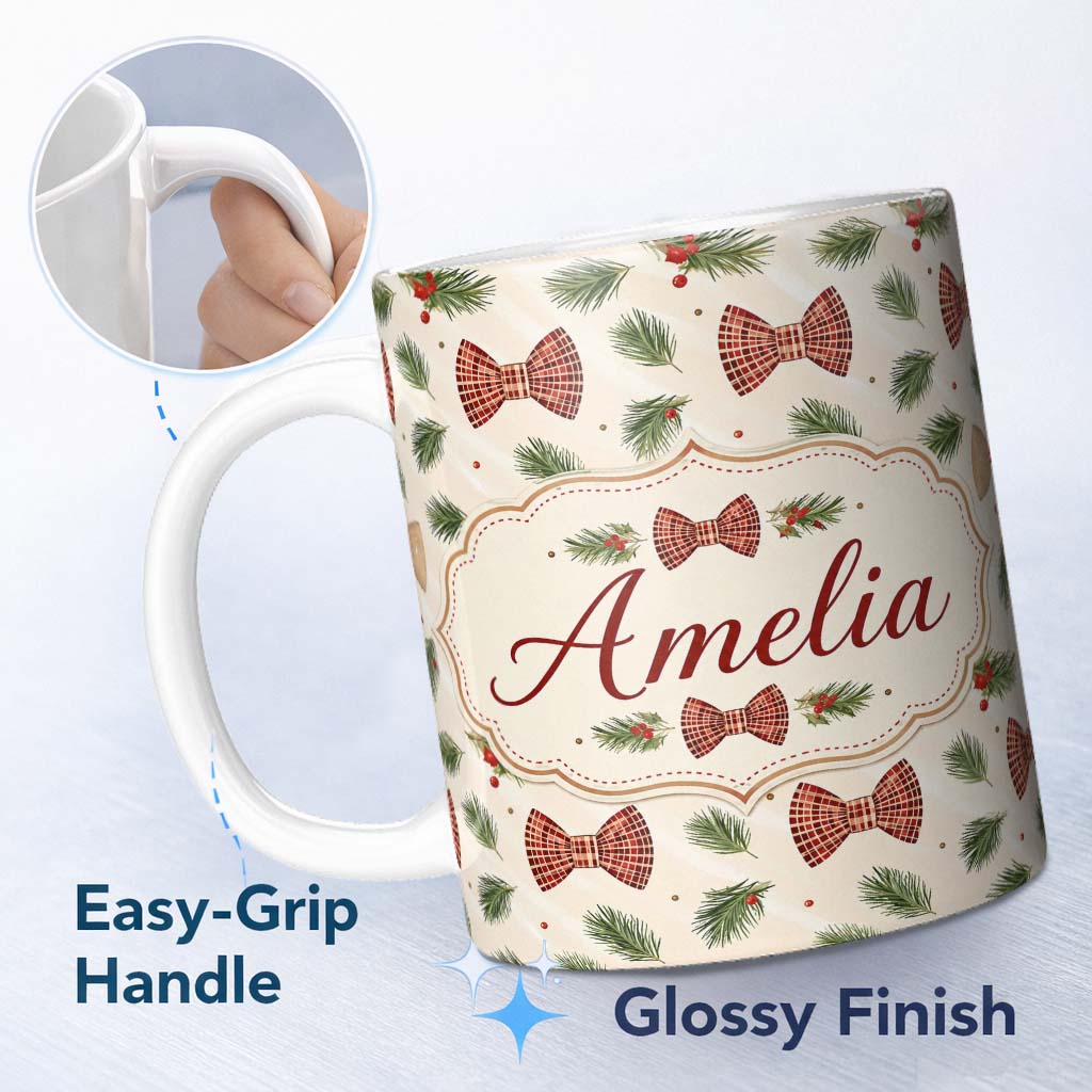 Personalized Custom Name Christmas Pine Branch Bows Rustic Holiday Seamless Pattern Lovely 11oz Ceramic Coffee Tea Mug White Large Handle