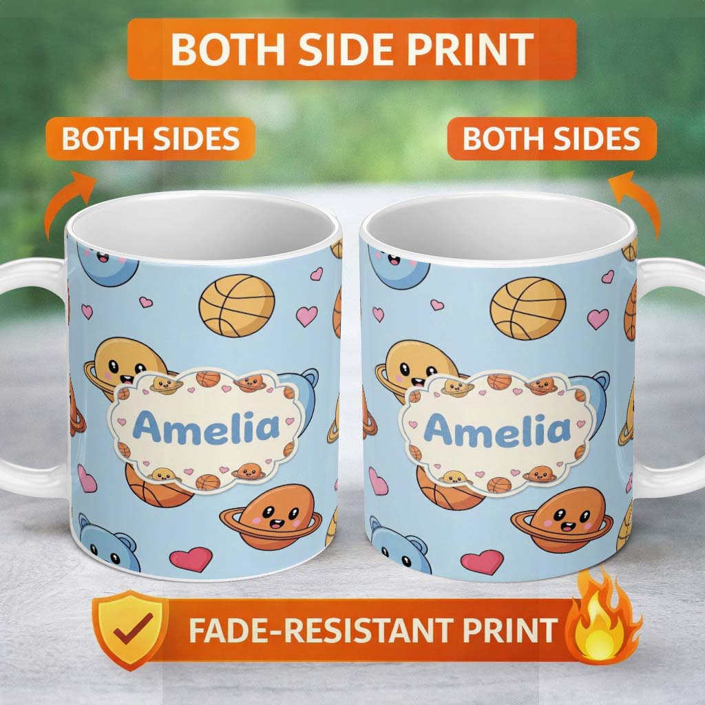 Personalized Custom Name Cute Kawaii Planets Basketball Hearts Fun Space Seamless Pattern 11oz Ceramic Coffee Tea Mug White Large Handle