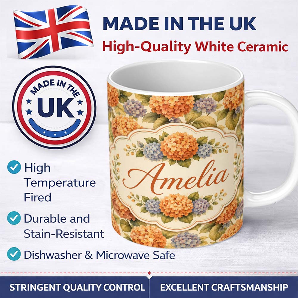Personalized Custom Name Orange and Blue Hydrangea Vintage Floral Seamless Pattern Lovely 11oz Ceramic Coffee Tea Mug White Large Handle
