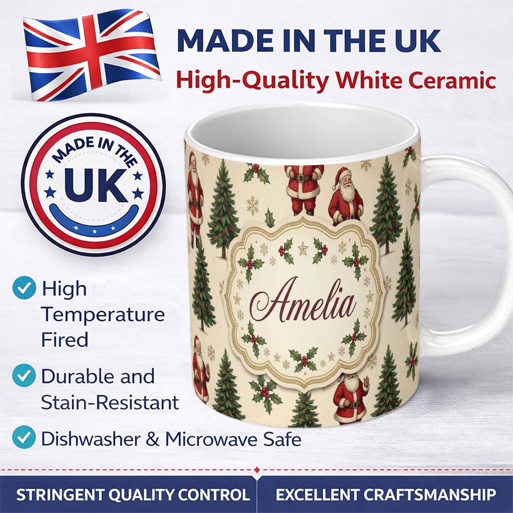Personalized Custom Name Cute Santa Claus Christmas Trees Holly Leaves and Festive Holiday 11oz Ceramic Coffee Tea Mug White Large Handle
