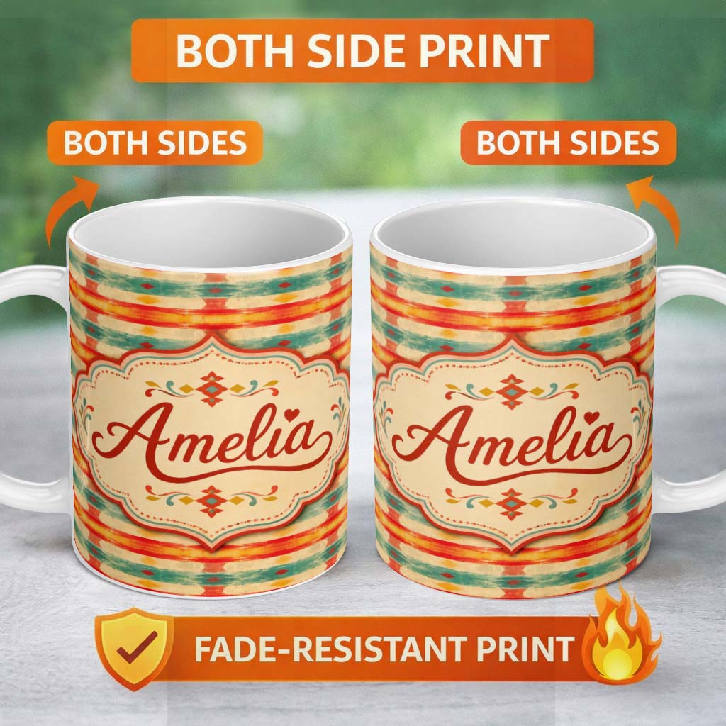 Personalized Custom Name Distressed Horizontal Stripe Pattern in Coral Teal and Mustard Tones 11oz Ceramic Coffee Tea Mug White Large Handle