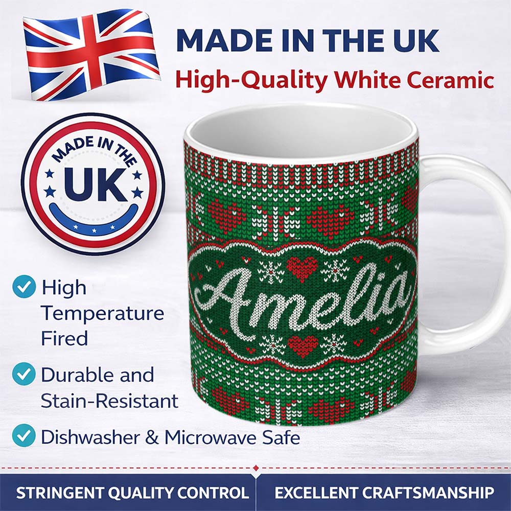 Personalized Custom Name Christmas Heart Stripe Scandinavian Knit Seamless Pattern Lovely 11oz Ceramic Coffee Tea Mug White Large Handle