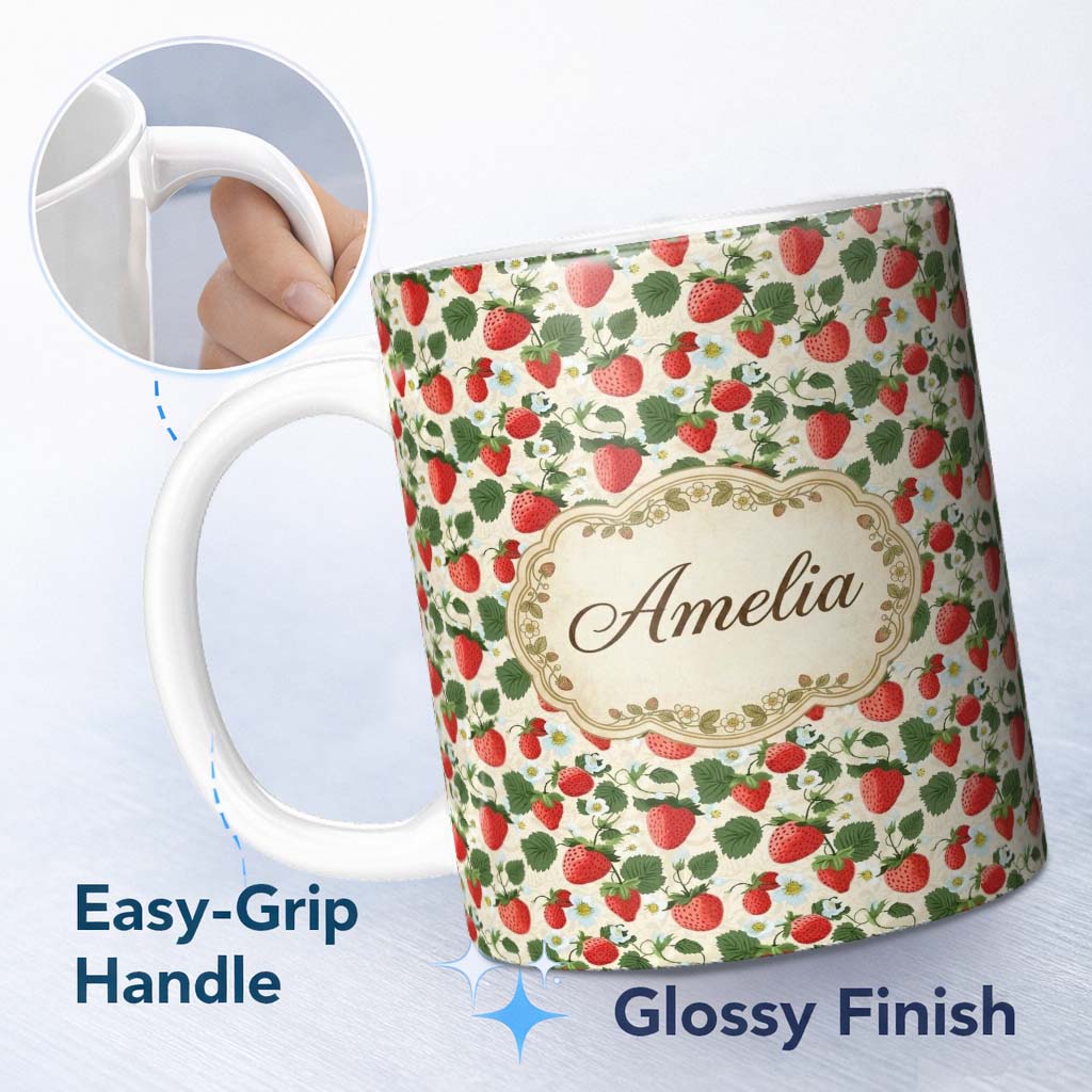 Personalized Custom Name Vintage Strawberries and Floral Garden on Cream Beige Background 11oz Ceramic Coffee Tea Mug White Large Handle