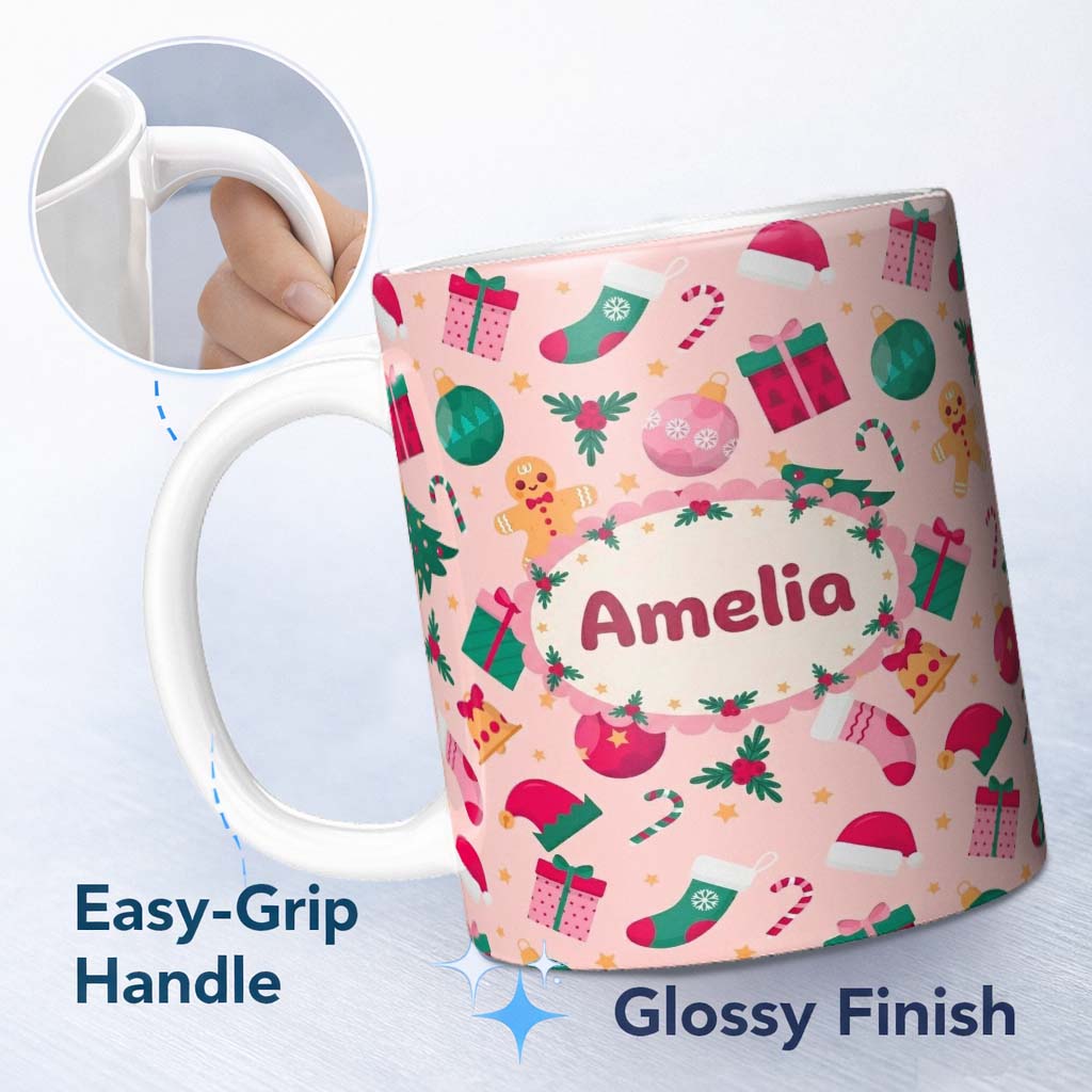 Personalized Custom Name Cute Gingerbread Candy Cane Christmas Seamless Pattern Lovely 11oz Ceramic Coffee Tea Mug White Large Handle