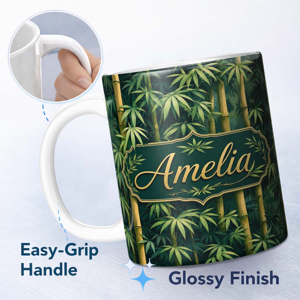 Personalized Custom Name Dense Bamboo Jungle Leaves Seamless Pattern Lush Tropical Botanical 11oz Ceramic Coffee Tea Mug White Large Handle
