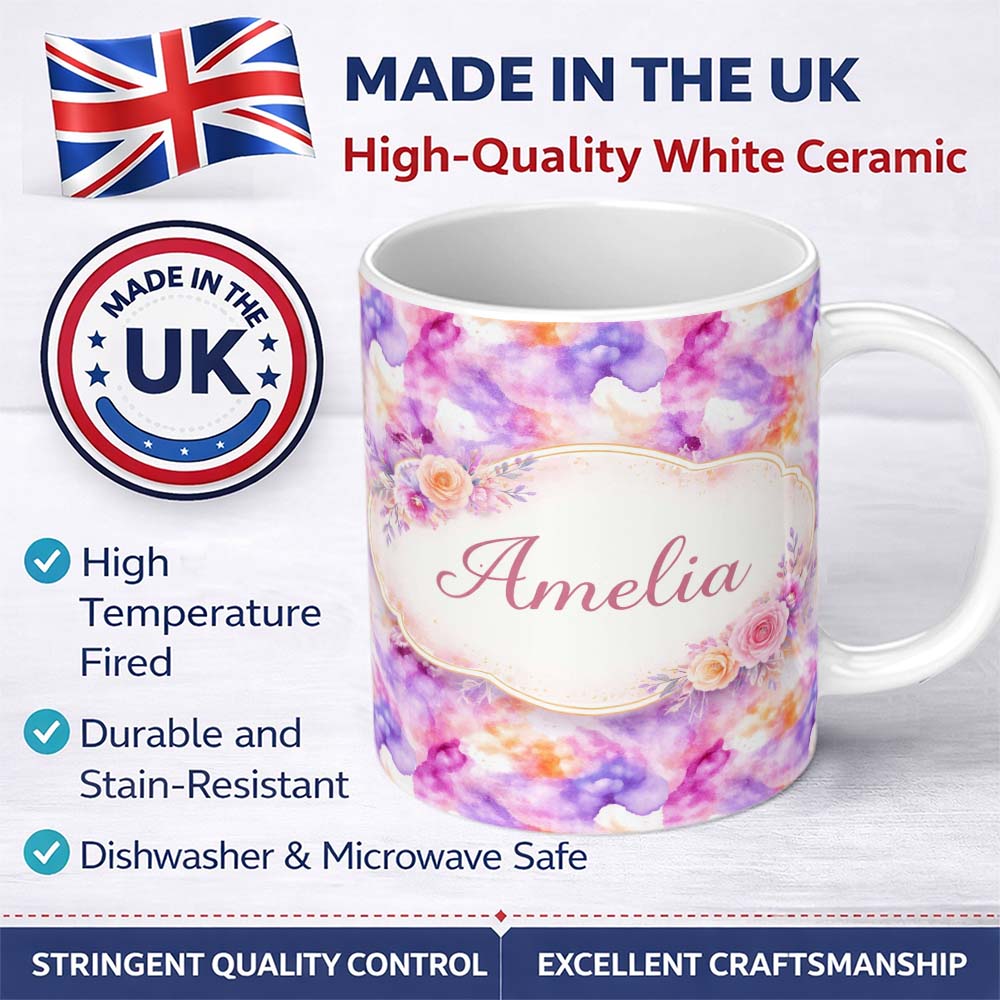 Personalized Custom Name Soft Watercolour Splash Lavender Peach Abstract Pattern Lovely 11oz Ceramic Coffee Tea Mug White Large Handle