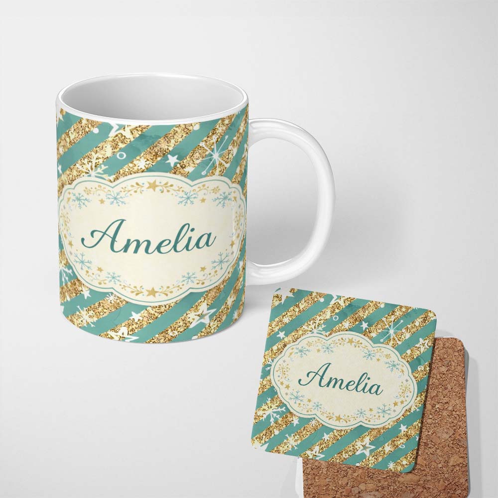 Personalized Custom Name Gold Glitter Stripe Stars Snowflakes Festive Seamless Pattern Lovely 11oz Ceramic Coffee Tea Mug White Large Handle