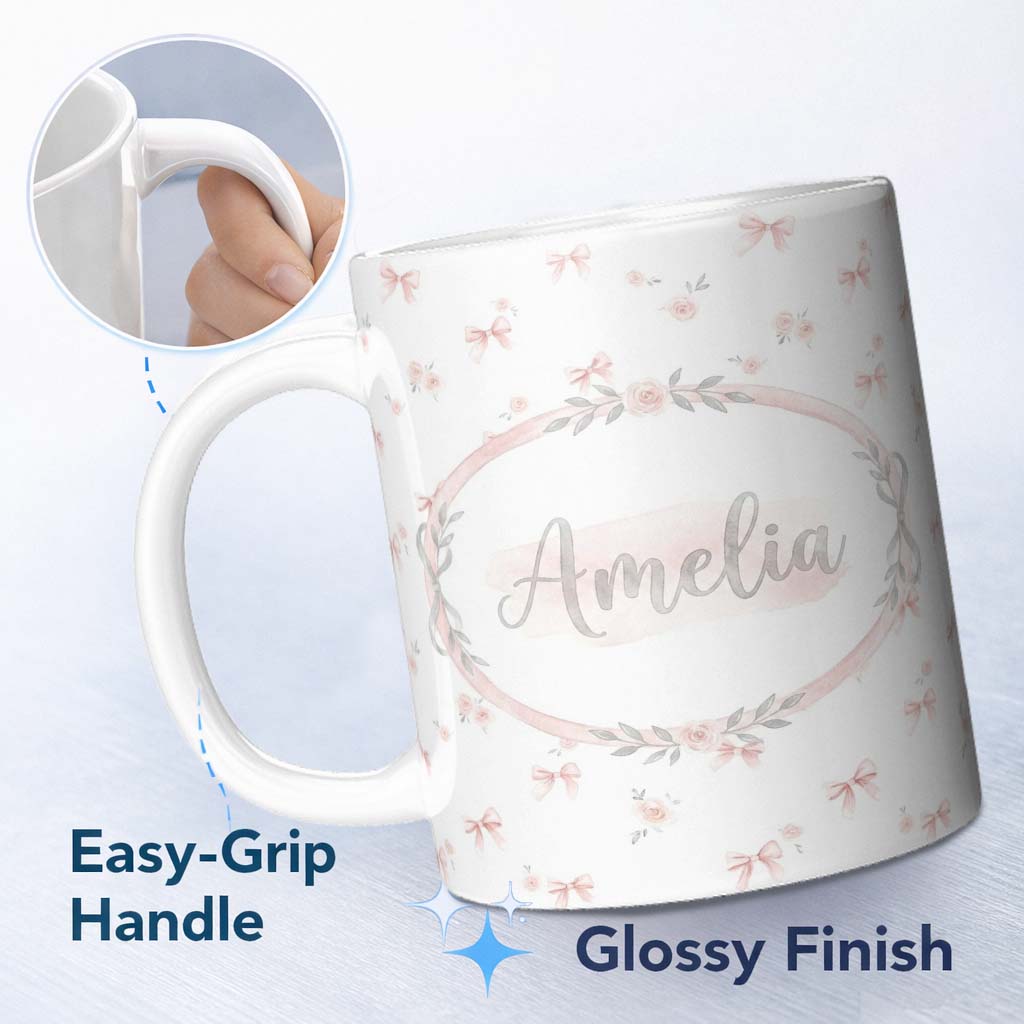 Personalized Custom Name Soft Pink Bows and Roses Watercolor Floral Seamless Pattern Lovely 11oz Ceramic Coffee Tea Mug White Large Handle