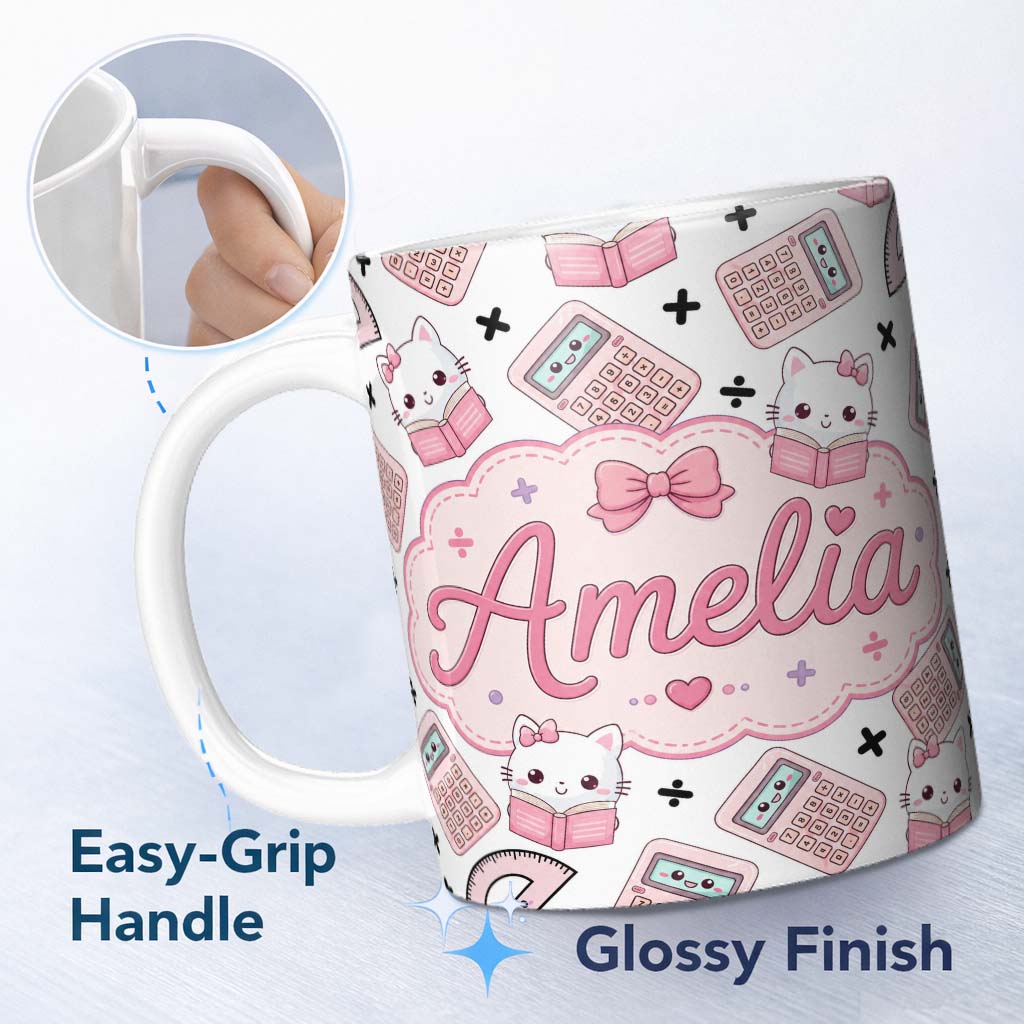Personalized Custom Name Cute Kawaii Maths Cat Calculator Ruler Seamless Pattern White Lovely 11oz Ceramic Coffee Tea Mug White Large Handle