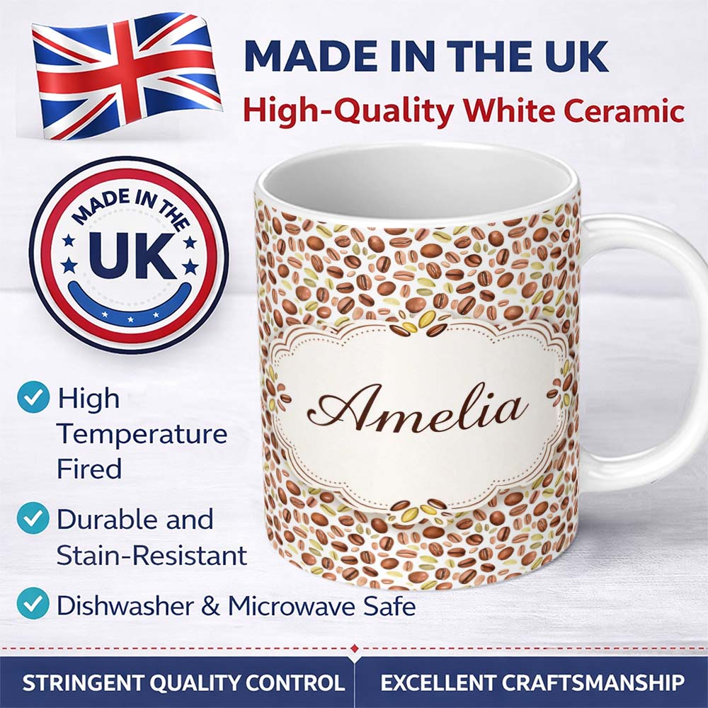 Personalized Custom Name Watercolor Coffee Beans Mixed Seeds Seamless Pattern Lovely 11oz Ceramic Coffee Tea Mug White Large Handle
