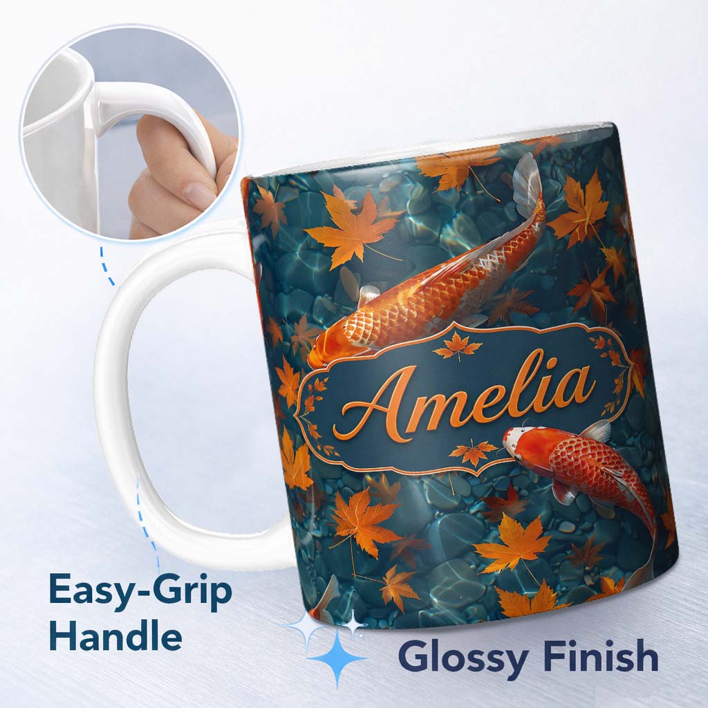 Personalized Custom Name Koi Fish in Clear Blue Water with Autumn Leaves Pattern Nature 11oz Ceramic Coffee Tea Mug White Large Handle