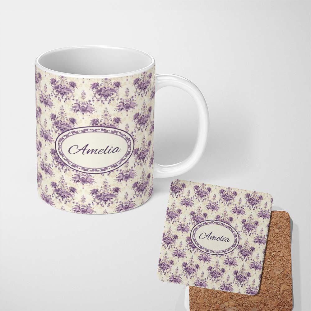 Personalized Custom Name Elegant Purple Damask Floral Vintage Seamless Pattern Lovely 11oz Ceramic Coffee Tea Mug White Large Handle