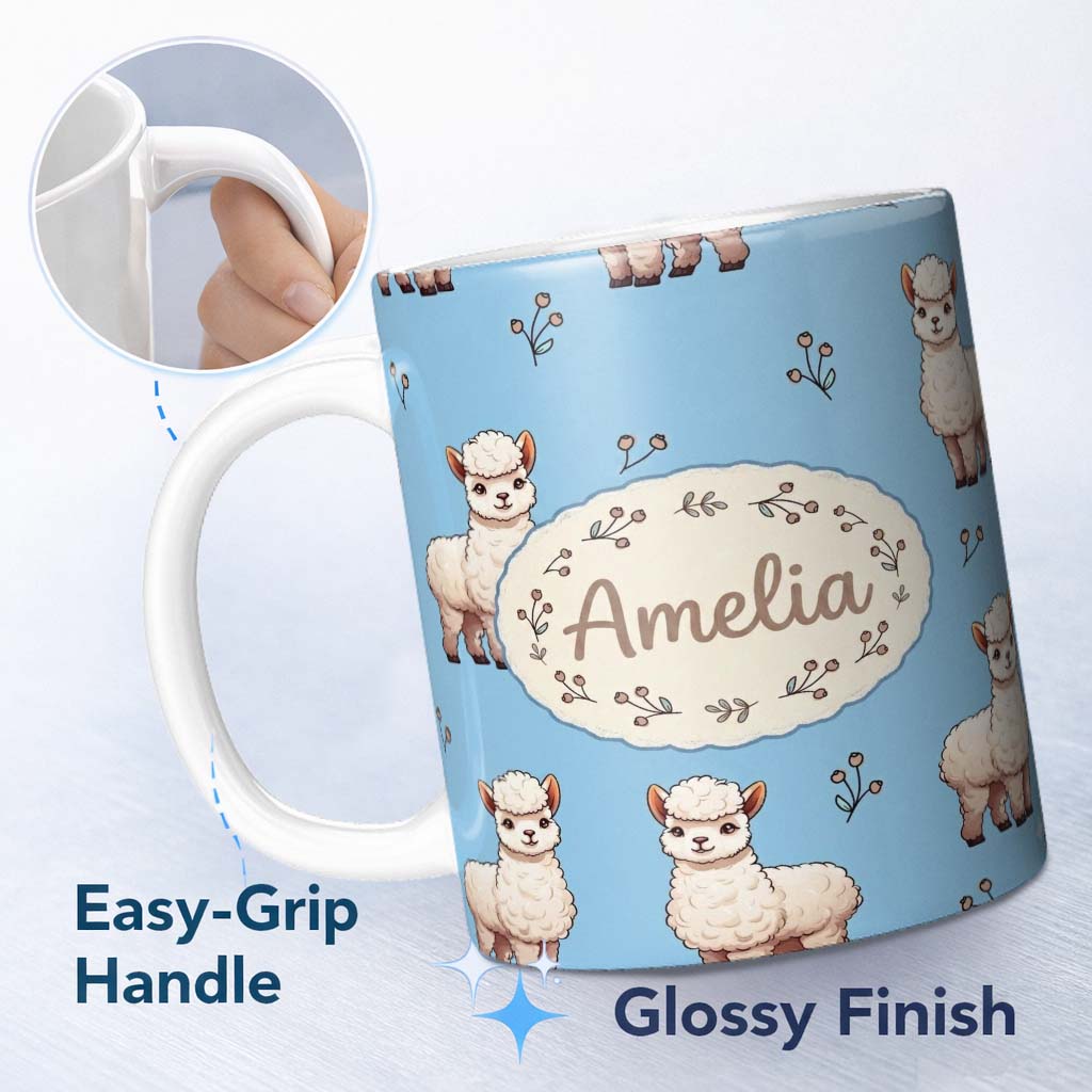 Personalized Custom Name Cute Alpaca Llama Pattern with Floral Sprigs on Bright Blue Lovely 11oz Ceramic Coffee Tea Mug White Large Handle