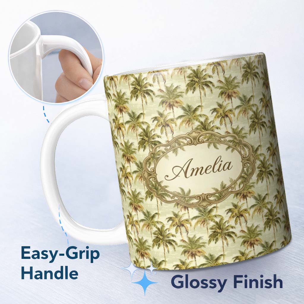 Personalized Custom Name Soft Coastal Palm Tree Pattern in Muted Green and Beige Tones Lovely 11oz Ceramic Coffee Tea Mug White Large Handle