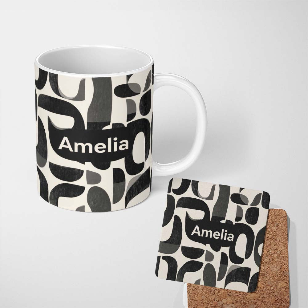 Personalized Custom Name Bold Curved Shapes Black Grey Modern Abstract Pattern Lovely 11oz Ceramic Coffee Tea Mug White Large Handle