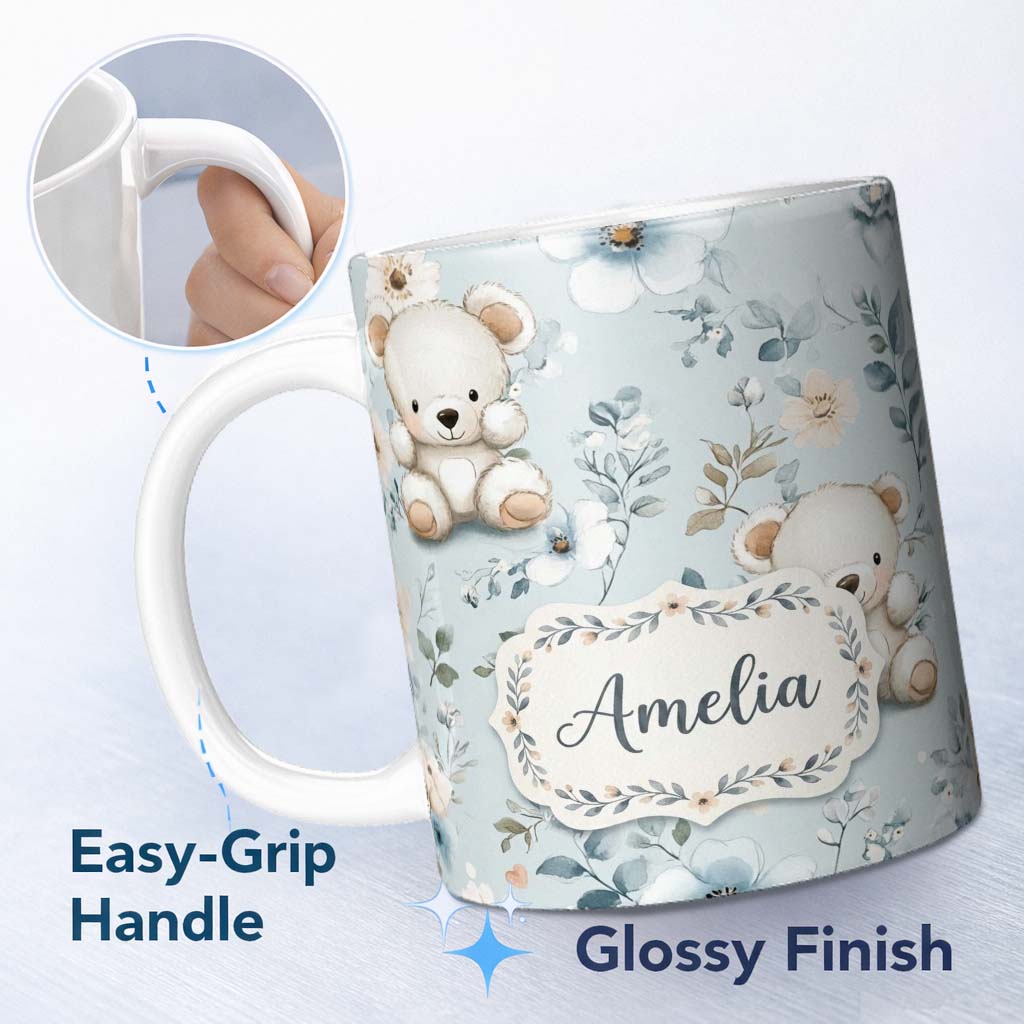Personalized Custom Name Cute Teddy Bears with Soft Blue Floral Background Seamless Pattern 11oz Ceramic Coffee Tea Mug White Large Handle