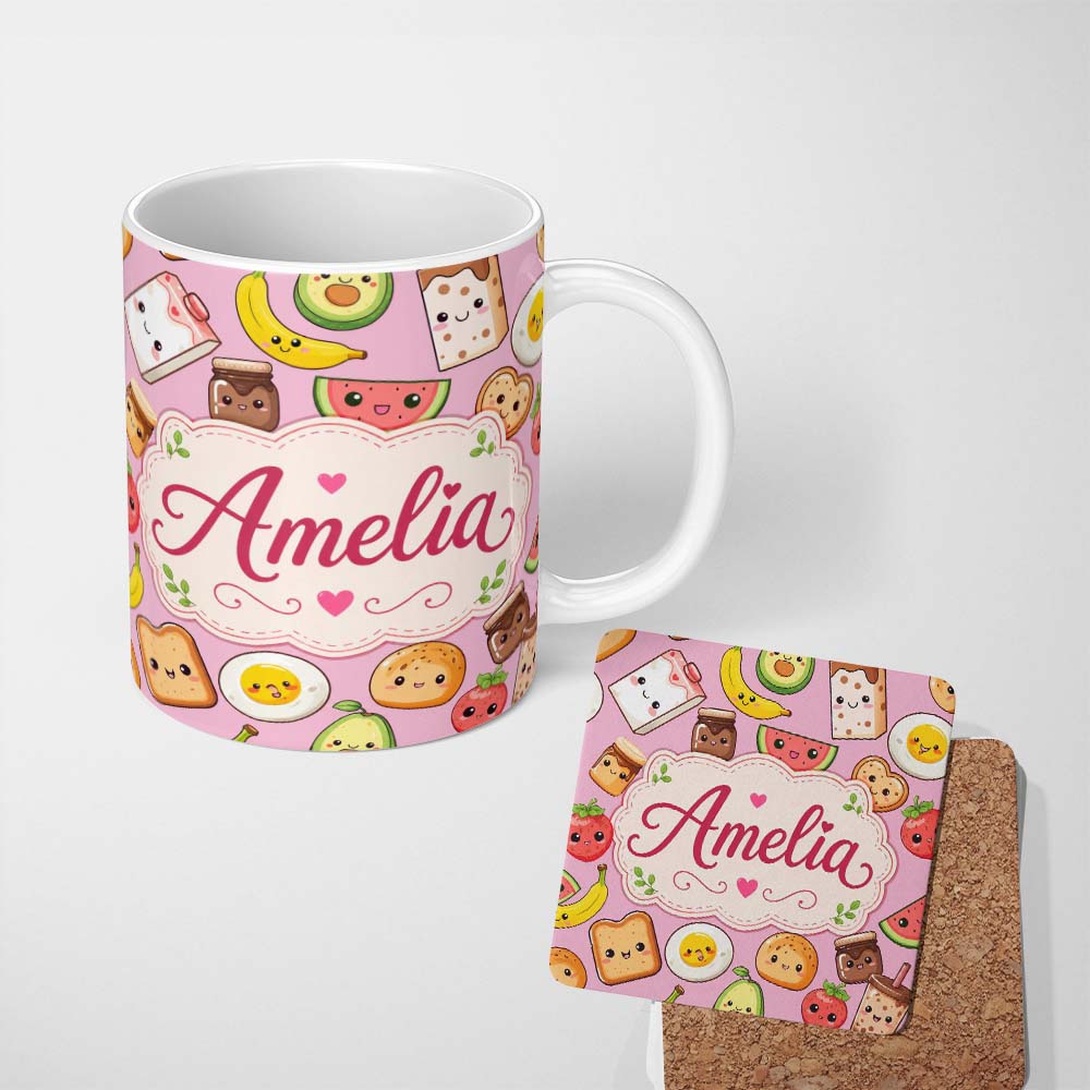 Personalized Custom Name Cute Kawaii Breakfast Food Seamless Pattern Light Pink Background 11oz Ceramic Coffee Tea Mug White Large Handle