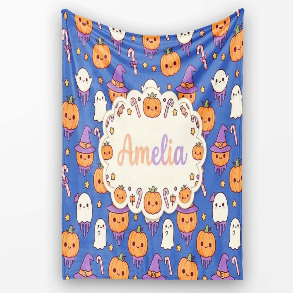 Cute Kawaii Halloween Pumpkin Witch Candy Seamless Pattern Blue Personalised Custom Name Super Soft Fleece Blanket Bed Sofa Throw