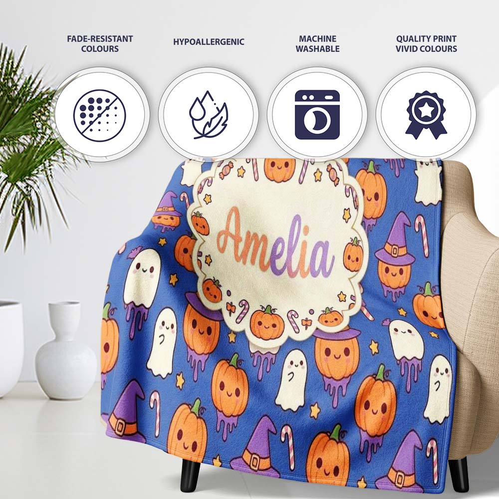 Cute Kawaii Halloween Pumpkin Witch Candy Seamless Pattern Blue Personalised Custom Name Super Soft Fleece Blanket Bed Sofa Throw