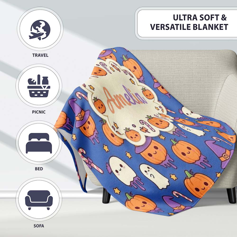 Cute Kawaii Halloween Pumpkin Witch Candy Seamless Pattern Blue Personalised Custom Name Super Soft Fleece Blanket Bed Sofa Throw