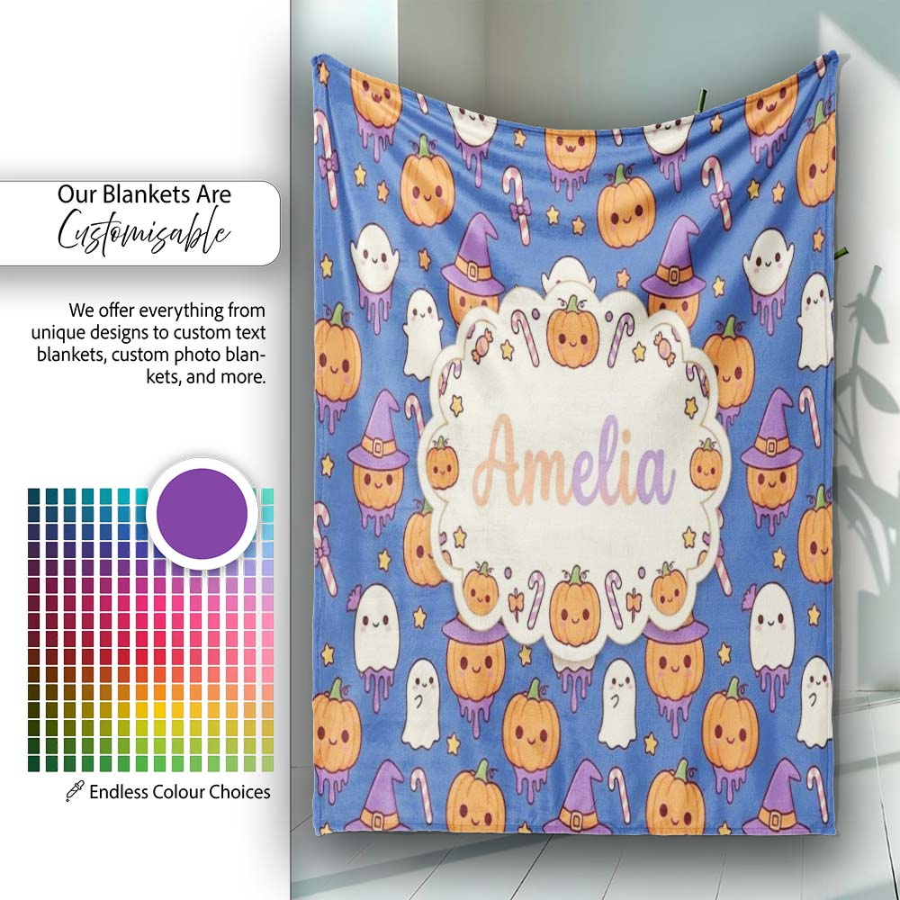 Cute Kawaii Halloween Pumpkin Witch Candy Seamless Pattern Blue Personalised Custom Name Super Soft Fleece Blanket Bed Sofa Throw