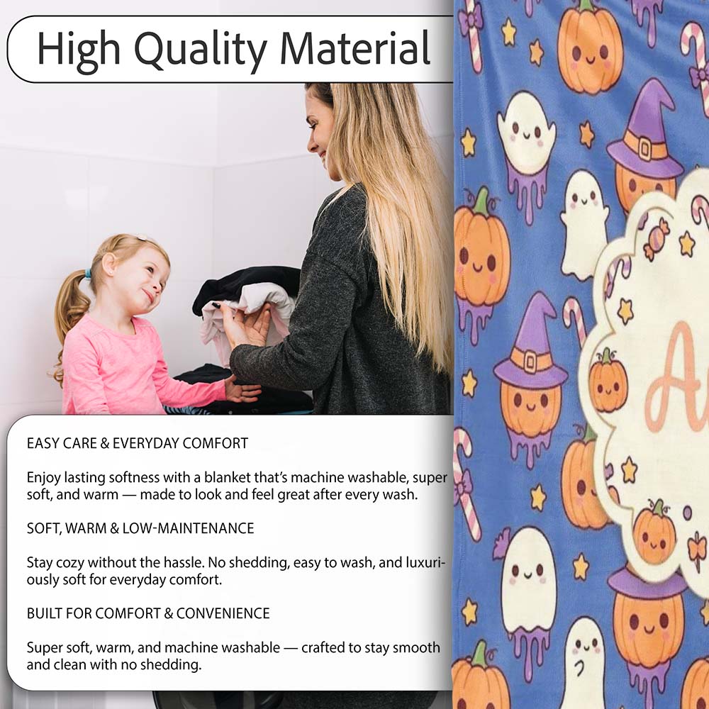 Cute Kawaii Halloween Pumpkin Witch Candy Seamless Pattern Blue Personalised Custom Name Super Soft Fleece Blanket Bed Sofa Throw