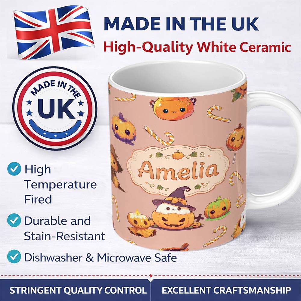 Personalized Custom Name Cute Kawaii Halloween Pumpkin Witch Candy Seamless Pattern Peach 11oz Ceramic Coffee Tea Mug White Large Handle