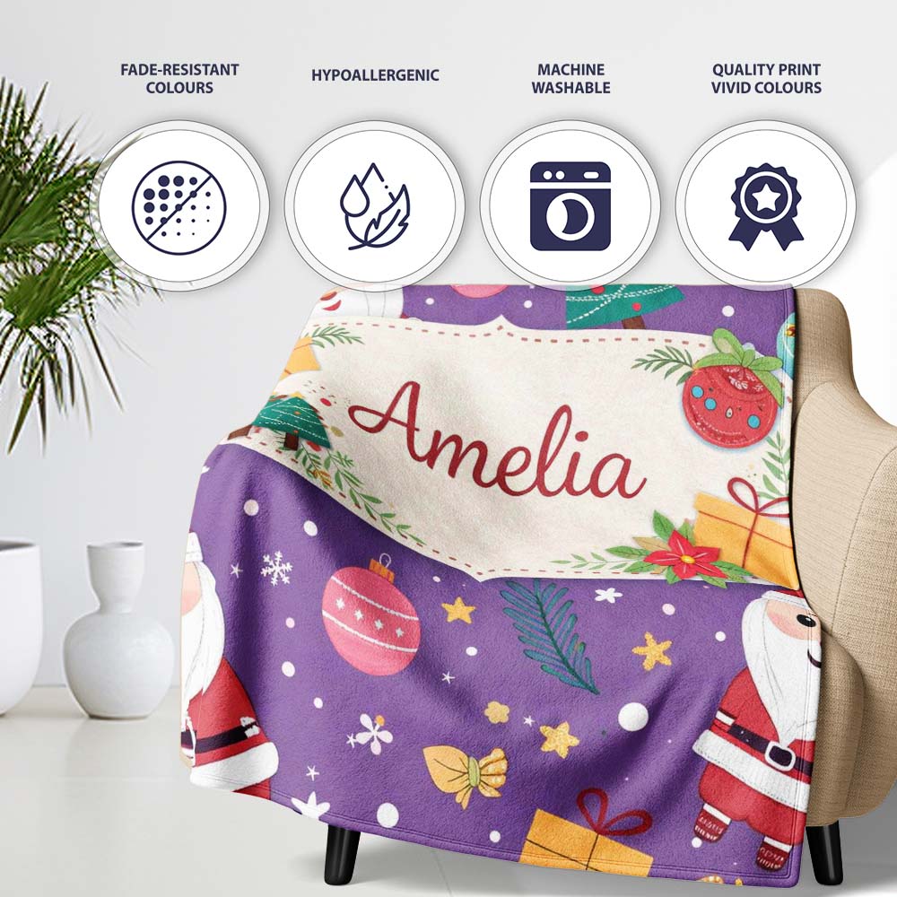 Cute Christmas Santa Tree Gift Cartoon Seamless Pattern Lovely Personalised Custom Name Super Soft Fleece Blanket Bed Sofa Throw