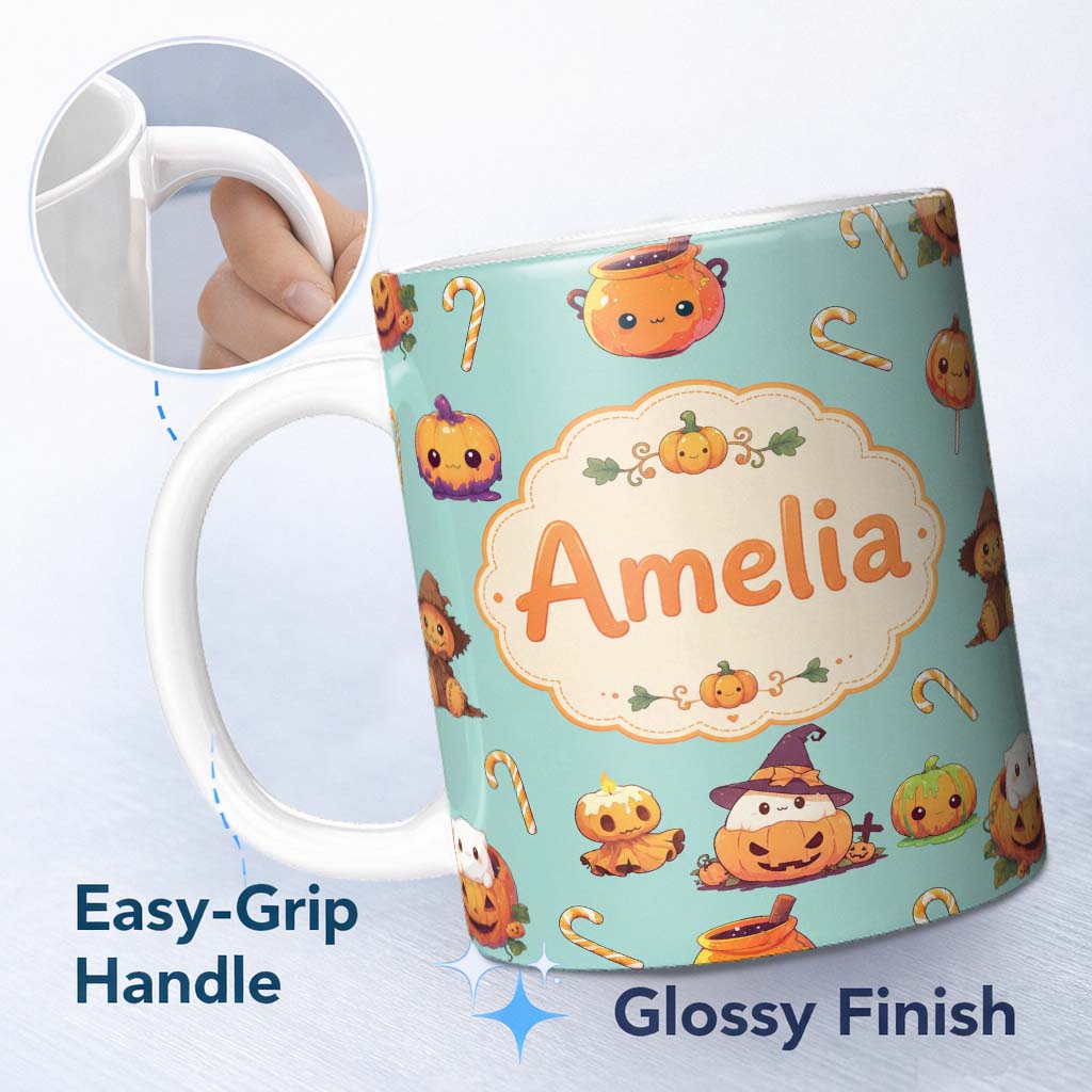 Personalized Custom Name Cute Kawaii Halloween Pumpkin Witch Candy Seamless Pattern Teal 11oz Ceramic Coffee Tea Mug White Large Handle