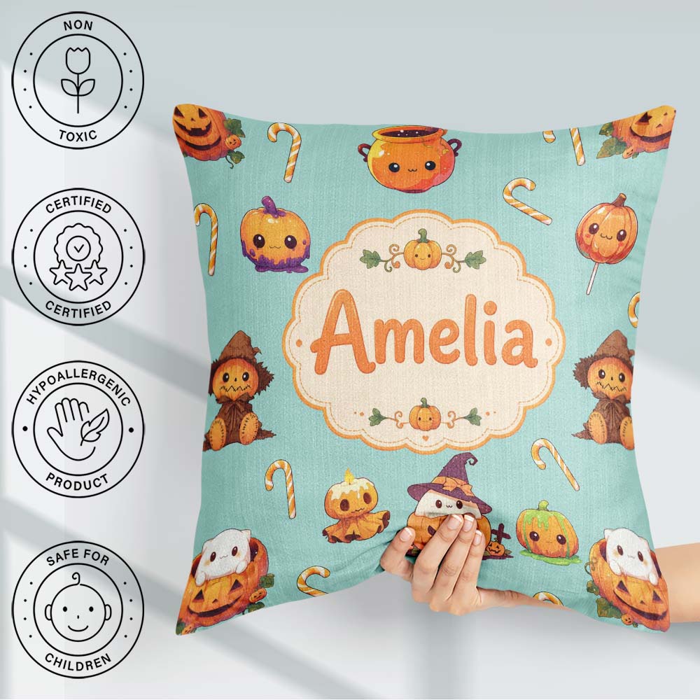 Custom Name Kawaii Halloween Pumpkin Witch Seamless Pattern Teal Square Filled Cushion Throw Pillow Sofa Bed Home Decor Zip Washable UK Made