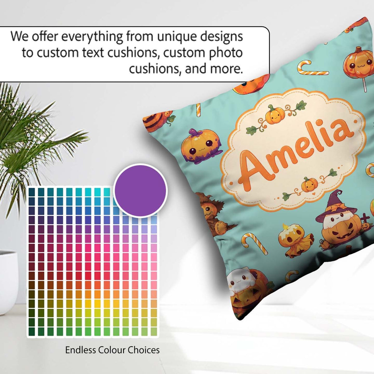 Custom Name Kawaii Halloween Pumpkin Witch Seamless Pattern Teal Square Filled Cushion Throw Pillow Sofa Bed Home Decor Zip Washable UK Made