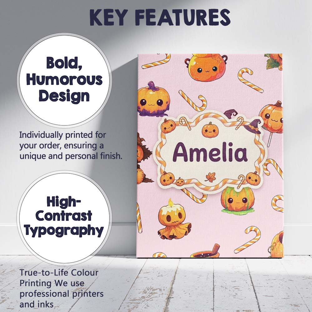 Personalised Name Cute Kawaii Halloween Custom Modern Room Accent Elegant Feature Canvas Wall Art Print Decor Picture Ready to Hang