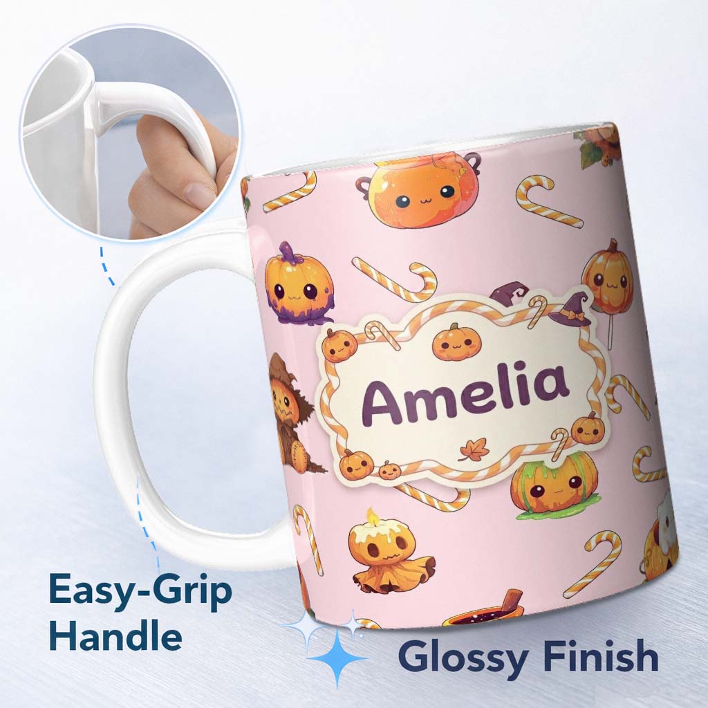 Personalized Custom Name Cute Kawaii Halloween Pumpkin Witch Candy Seamless Pattern Blush 11oz Ceramic Coffee Tea Mug White Large Handle