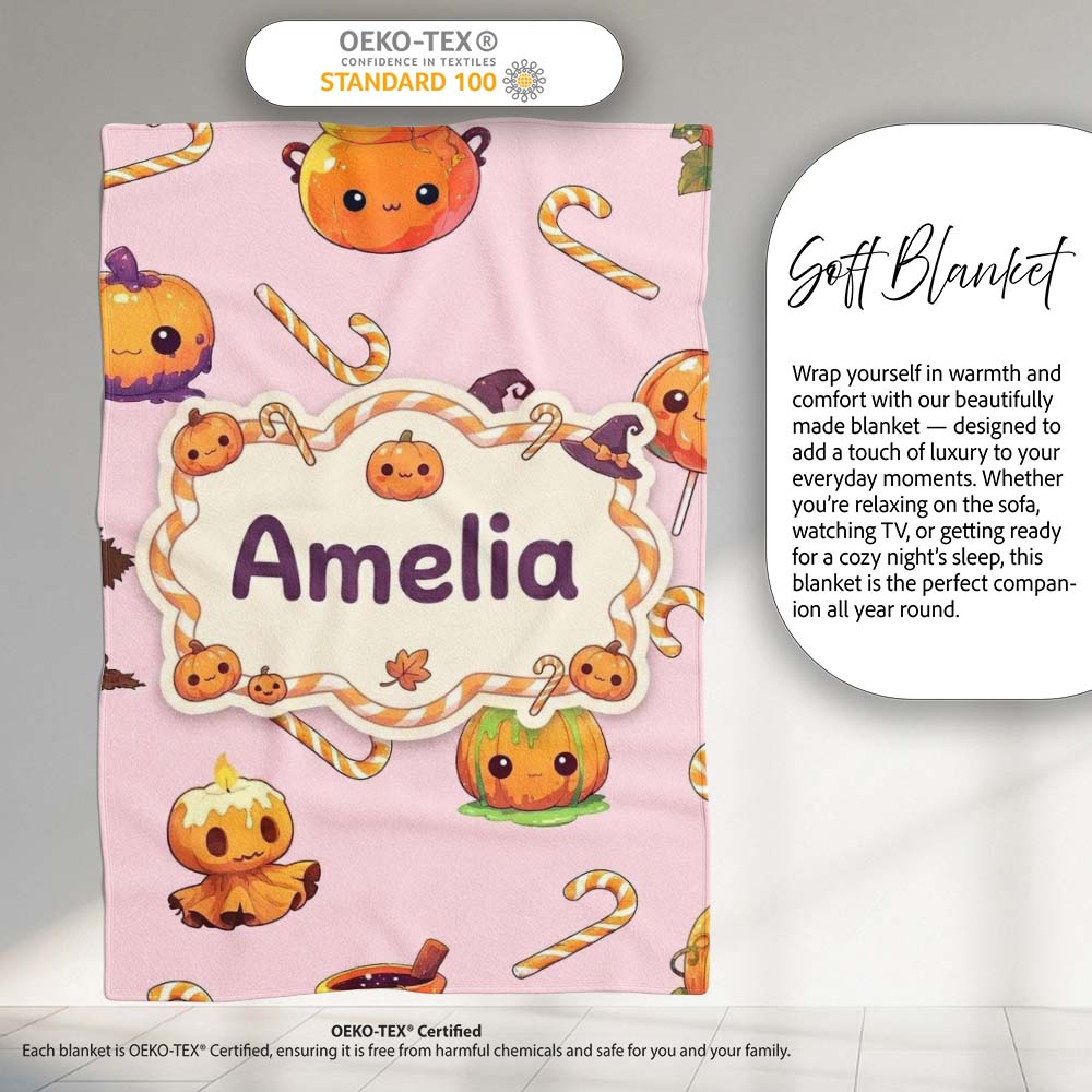 Cute Kawaii Halloween Pumpkin Witch Candy Seamless Pattern Blush Personalised Custom Name Super Soft Fleece Blanket Bed Sofa Throw