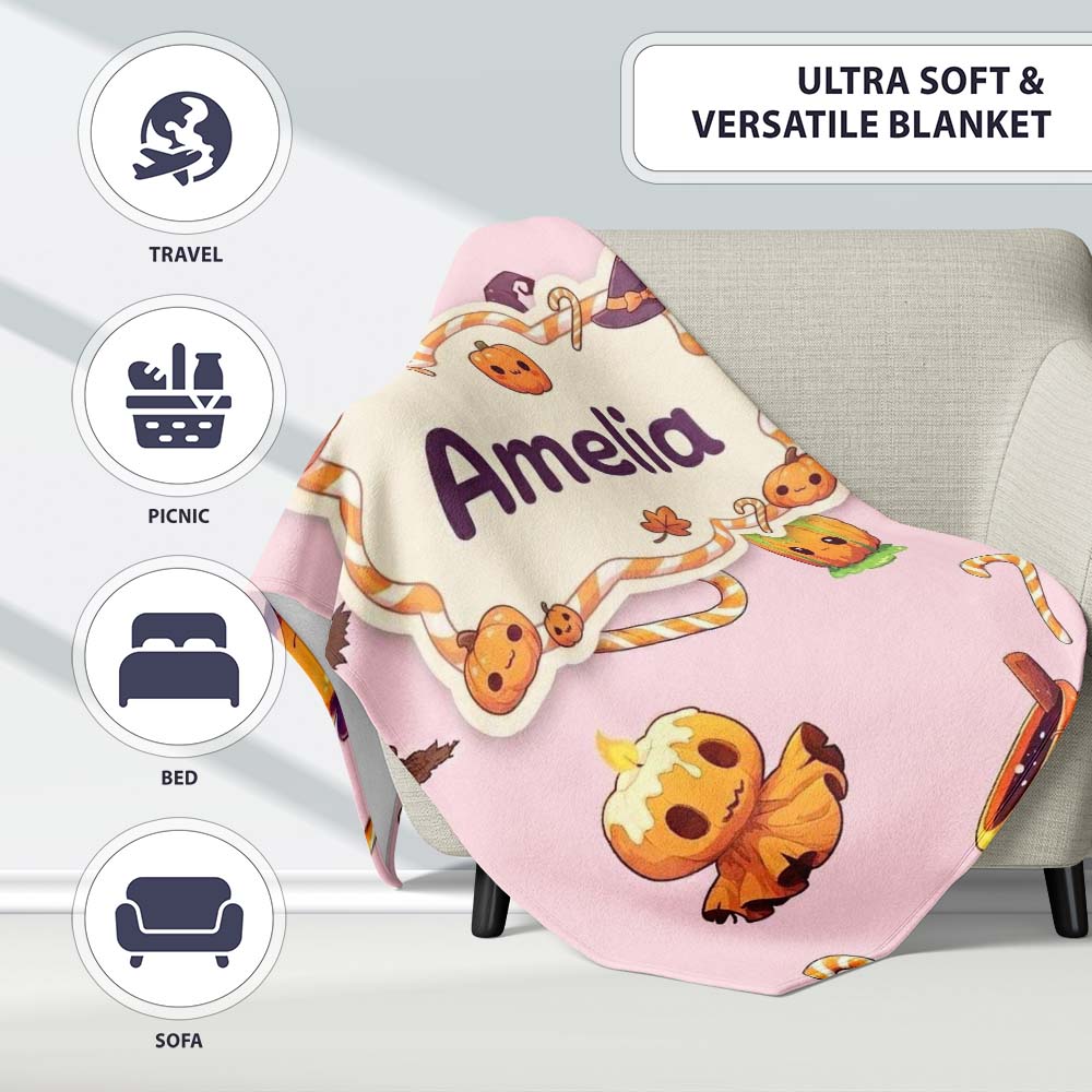 Cute Kawaii Halloween Pumpkin Witch Candy Seamless Pattern Blush Personalised Custom Name Super Soft Fleece Blanket Bed Sofa Throw