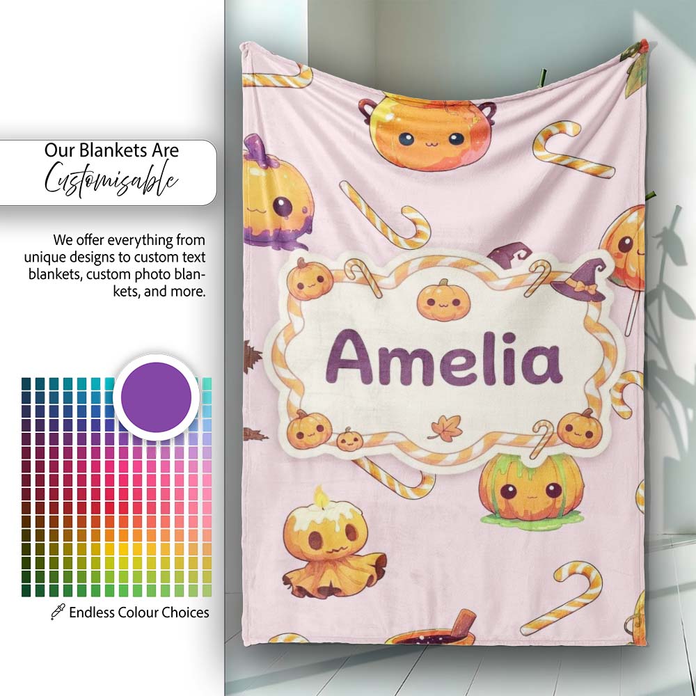 Cute Kawaii Halloween Pumpkin Witch Candy Seamless Pattern Blush Personalised Custom Name Super Soft Fleece Blanket Bed Sofa Throw